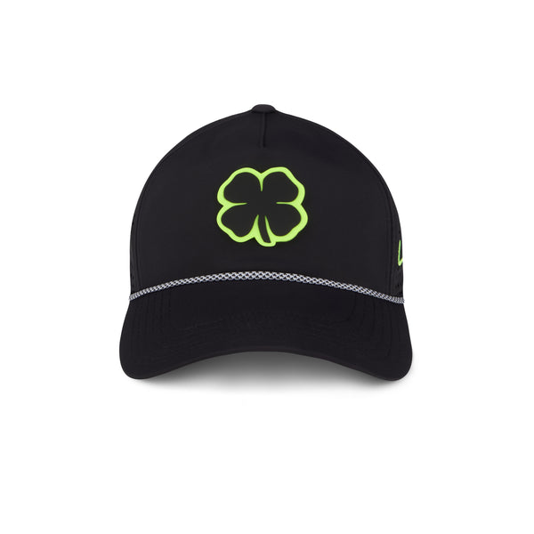 Black Clover Neo Nights fitted performance cap in dark tones with four-leaf clover, front view
